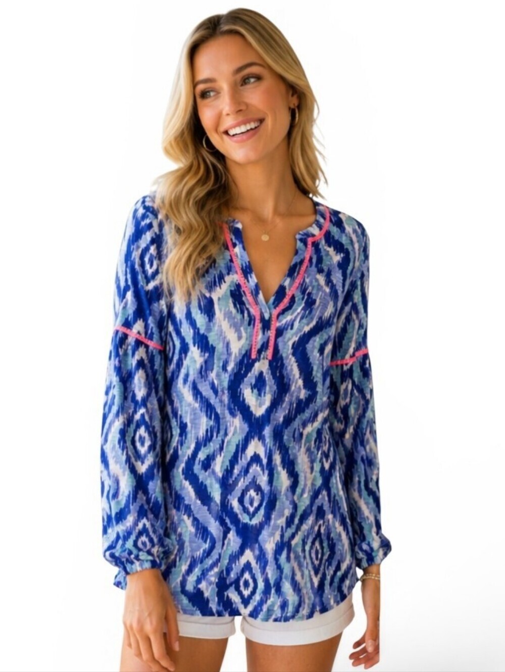 Lilly Pulitzer Kalissa Ikat Print Tunic Top Blue Pink Tassel Trim Medium